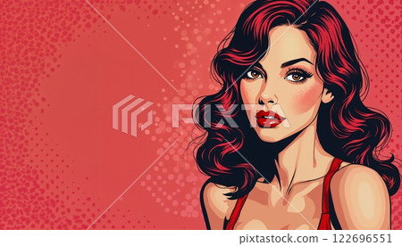portrait of a girl with beautiful face and makeup, pop art illustration on red background portrait of a girl with beautiful face and makeup, pop art illustration on red background 122696551
