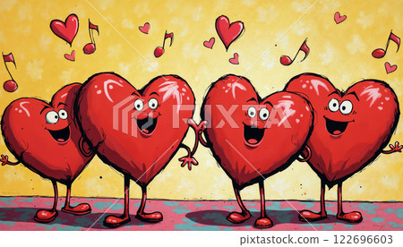 abstract background for Valentine's Day celebrations, red singing hearts rejoice and are happy together, pop art illustration 122696603