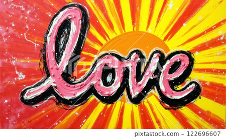the inscription Love made with paints multicolored and bright on an abstract background, illustration for Valentine's Day 122696607