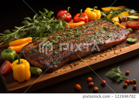 grilled meat and vegetables and herbs cooked on fire as a barbecue, roast in a frying pan, delicious food grilled meat and vegetables and herbs cooked on fire as a barbecue, roast in a frying pan, delicious food 122696782