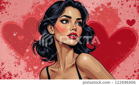 portrait of a girl with beautiful face and makeup, pop art illustration on red background 122696806