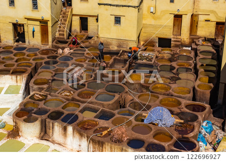 Tanneries of Fes Old tanks with color paint for leather. Morocco Africa. 122696927