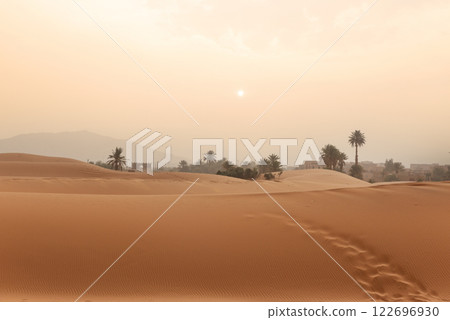 Majestic beautiful scene of Merzouga dunes of Sahara desert Morocco. 122696930