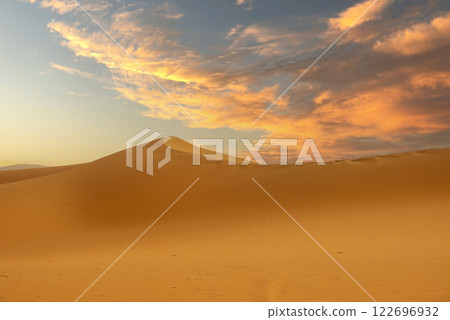 Majestic beautiful scene of Merzouga dunes of Sahara desert Morocco. Majestic beautiful scene of Merzouga dunes of Sahara desert Morocco. 122696932