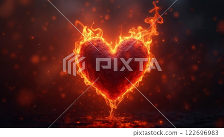 a red heart burning with fire on a dark background with flames, an abstract dark backdrop for the Valentine's Day celebration 122696983