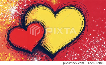 abstract illustration for Valentine's Day celebration, a two big red hearts on colorful background, bright and cheerful abstract illustration for Valentine's Day celebration, a two big red hearts on colorful background, bright and cheerful 122696986