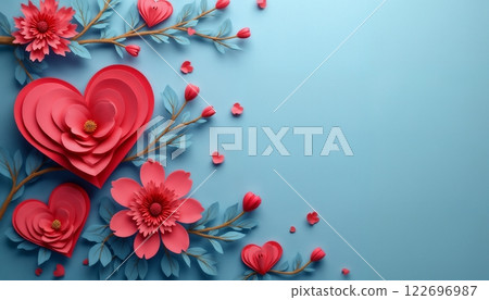 abstract festive background of red flowers and heart shapes on a soft cyan background for Valentine's Day celebrations abstract festive background of red flowers and heart shapes on a soft cyan background for Valentine's Day celebrations 122696987
