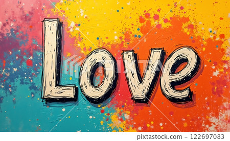 the inscription Love made with paints multicolored and bright on an abstract background, illustration for Valentine's Day 122697083