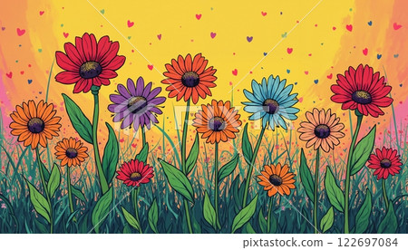 flower meadow in spring, bright and colorful, beautiful nature 122697084