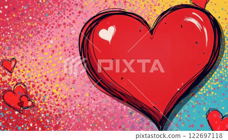 abstract illustration for Valentine's Day celebration, a big red heart and many small ones on colorful background, bright and cheerful 122697118