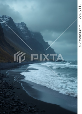 impressive seascape of the north, gloomy cold sea and rocks, haze, cold and gloomy surroundings, dramatic sky with clouds 122697119