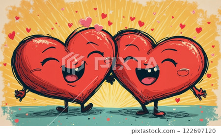 abstract background for Valentine's Day celebrations, red singing hearts rejoice and are happy together, pop art illustration 122697120