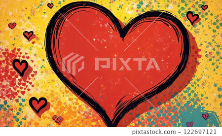 abstract illustration for Valentine's Day celebration, a big red heart and many small ones on yellow background, bright, colorful and cheerful 122697121