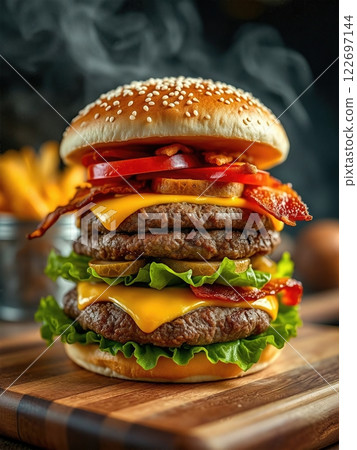 Artisanal Steakhouse Burger with Gourmet Toppings and Hand-Cut Fries A Culinary Masterpiece of Premium Ingredients and Expert Preparation 122697144