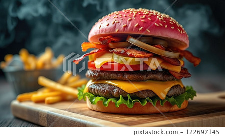 Artisanal Steakhouse Burger with Gourmet Toppings and Hand-Cut Fries A Culinary Masterpiece of Premium Ingredients and Expert Preparation 122697145