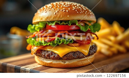Artisanal Steakhouse Burger with Gourmet Toppings and Hand-Cut Fries A Culinary Masterpiece of Premium Ingredients and Expert Preparation Artisanal Steakhouse Burger with Gourmet Toppings and Hand-Cut Fries A Culinary Masterpiece of Premium Ingredients and Expert Preparation 122697156