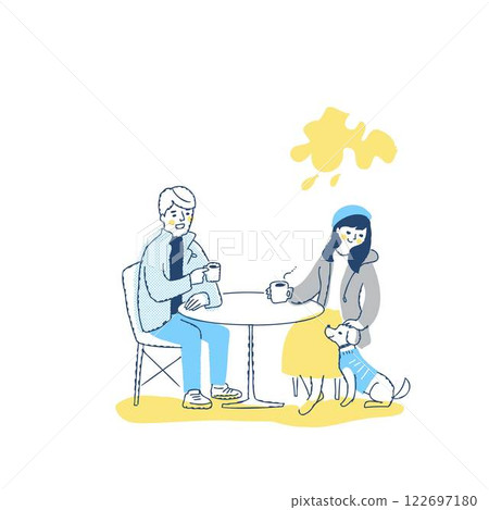 一對夫婦和他們的寵物狗在露天咖啡館放鬆身心 一對夫婦和他們的寵物狗在露天咖啡館放鬆身心 122697180