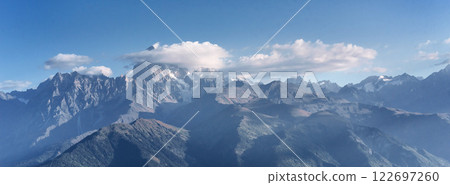 Thick fog on the mountain pass Goulet. Georgia, Svaneti. Europe. Caucasus mountains 122697260