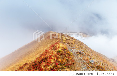 Thick fog on the mountain pass Goulet. Georgia, Svaneti. Caucasus mountains 122697275