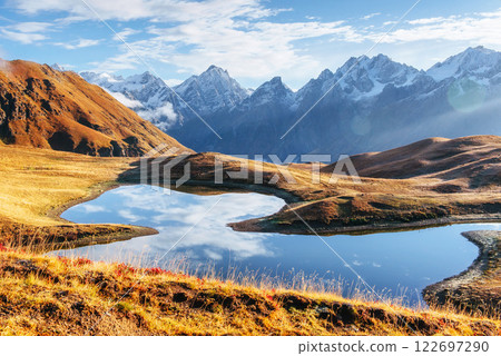 Koruldi mountain lake. Upper Svaneti, Georgia, Europe. Caucasus mountains. Koruldi mountain lake. Upper Svaneti, Georgia, Europe. Caucasus mountains. 122697290