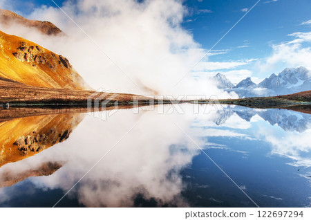 Koruldi mountain lake. Upper Svaneti, Georgia, Europe. Caucasus mountains. Koruldi mountain lake. Upper Svaneti, Georgia, Europe. Caucasus mountains. 122697294