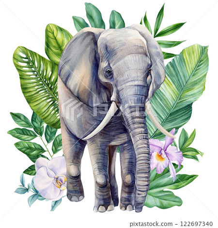 Majestic Watercolor Elephant with Lush Tropical palm Leaves, Orchids. Hand Painted Wildlife Illustration Print, Design 122697340
