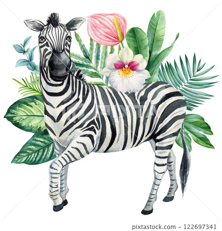 Elegant Zebra with Hibiscus , Green Leaves. Stunning Hand Painted Watercolor Illustration of Wild Safari Nature, Beauty 122697341