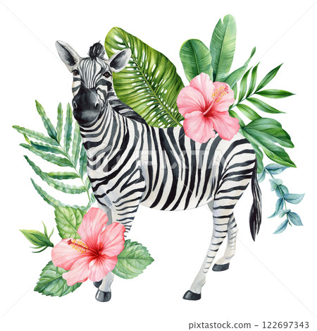 Charming Zebra Standing Among Tropical Leaves and Flower. Hand Painted Watercolor Art for Posters, Decor and Prints Charming Zebra Standing Among Tropical Leaves and Flower. Hand Painted Watercolor Art for Posters, Decor and Prints 122697343