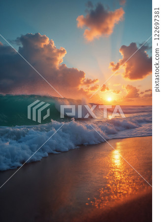 an impressive seascape low angle view, a large and beautiful ocean wave on the beach, at sunset, sunlight and wind breaking through the crest of the wave, beautiful nature as a background 122697381