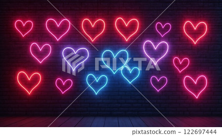 Neon hearts glow in the night against a brick wall, an abstract holiday backdrop for Valentine's Day celebrations 122697444