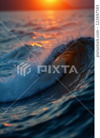 dramatic seascape, a big and beautiful wave in the ocean at sunset, sunlight shines through the crest of the wave, wind and the force of nature 122697565