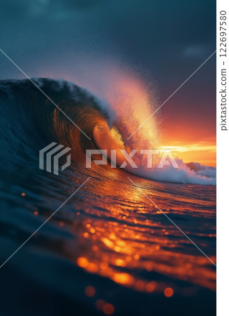 dramatic seascape, a big and beautiful wave in the ocean at sunset, sunlight shines through the crest of the wave, wind and the force of nature 122697580