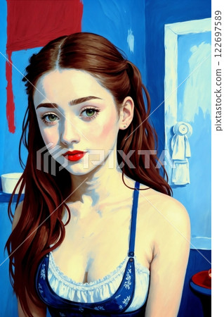 painted portrait of young girl dressed in white lingerie, top, in interior, red and blue color scheme 122697589