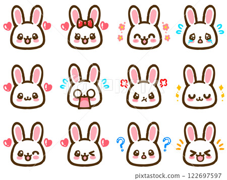 Cute rabbit facial expressions joy, anger, sadness, and happiness face icon illustration material set Cute rabbit facial expressions joy, anger, sadness, and happiness face icon illustration material set 122697597