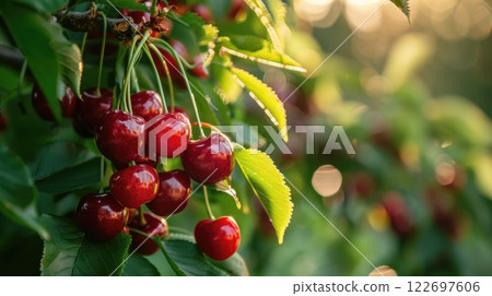 A cluster of ripe cherries on green branches, close up, as they bask in the sunlight within a blooming garden. 122697606