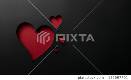 abstract dark background for Valentine day holiday, red hearts shape on a black backdrop with copy space abstract dark background for Valentine day holiday, red hearts shape on a black backdrop with copy space 122697701