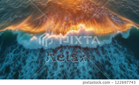 an impressive seascape view from above, a large and beautiful ocean wave on the beach, at sunset, sunlight and wind breaking through the crest of the wave, beautiful nature as a background 122697743