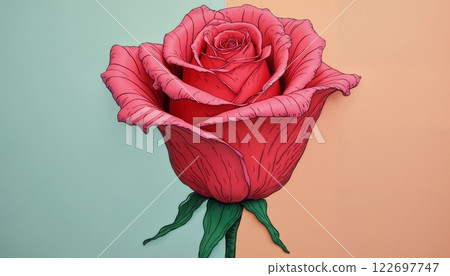 a red rose flower on a simple cyan and yellow color background for the Valentine's Day celebration 122697747