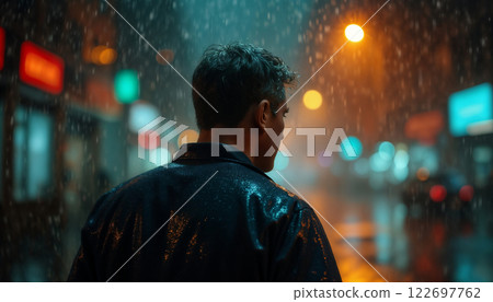 portrait of a man on the street of a night city, it's raining, street lights are reflected, raindrops, gloomy surroundings at dusk portrait of a man on the street of a night city, it's raining, street lights are reflected, raindrops, gloomy surroundings at dusk 122697762
