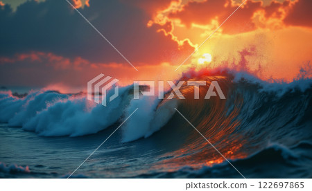dramatic seascape, a big and beautiful wave in the ocean at sunset, sunlight shines through the crest of the wave, wind and the force of nature 122697865