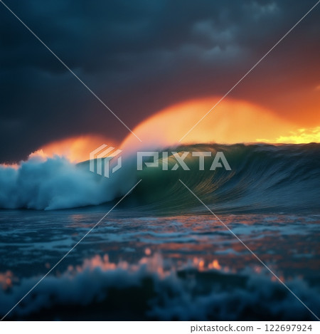 dramatic seascape, a big and beautiful wave in the ocean at sunset, sunlight shines through the crest of the wave, wind and the force of nature 122697924
