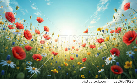 Bright spring landscape with wildflowers and red poppies against a sunny sky as a backdrop, beautiful nature 122697926