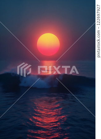 an impressive seascape, a large sun at sunset touching the water, a beautiful and calm surface of the water in the ocean, beautiful nature as a background 122697927