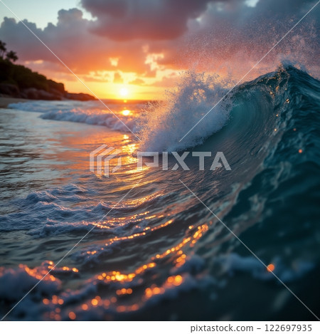 an impressive seascape low angle view, a large and beautiful ocean wave on the beach, at sunset, sunlight and wind breaking through the crest of the wave, beautiful nature as a background an impressive seascape low angle view, a large and beautiful ocean wave on the beach, at sunset, sunlight and wind breaking through the crest of the wave, beautiful nature as a background 122697935