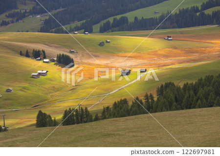 Alpe di Siusi Seiser Alm panoramic view Alpe di Siusi Seiser Alm panoramic view 122697981