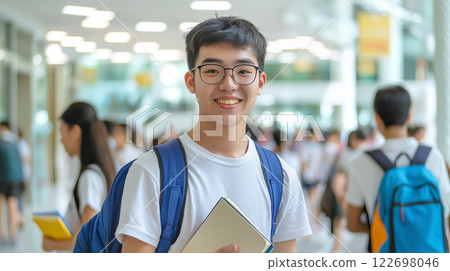 Asian teen male student smiling in school hallway with backpack and books 122698046
