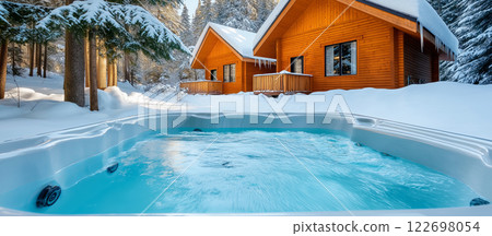 Winter getaway with cozy cabins and inviting hot tub in snowy forest retreat 122698054