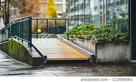 Modern urban accessibility ramp for disabled people with greenery and wet pavement Modern urban accessibility ramp for disabled people with greenery and wet pavement 122698061