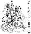 Coloring page. Fairy tale house. Magic forest hut, black and white picture 122698087