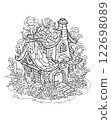 Fairy tale house. Coloring page. Magic forest hut, black and white picture 122698089